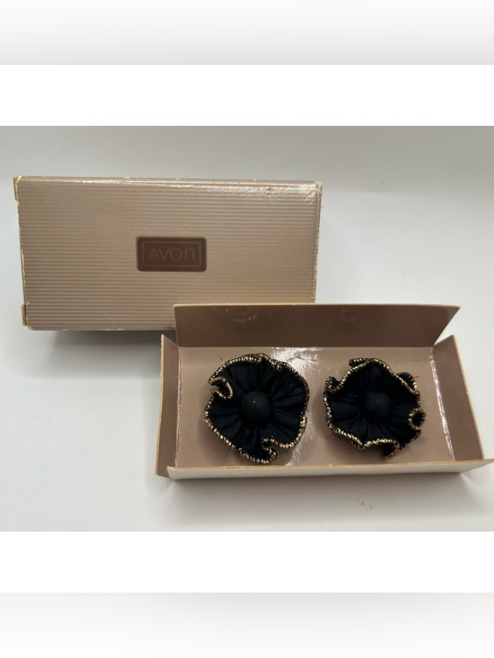 NIB VTG AVON 80s Earrings Deadstock Ruffle Studs Black Gold Vintage 1988 RARE